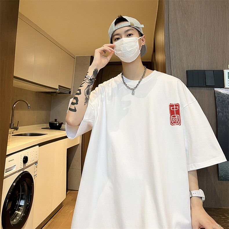 国潮短袖t恤男夏季潮牌宽松上衣学生潮流休闲设计感印花半袖体恤，男装T恤，电商019-1