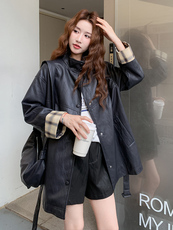 格纹拼接黑色皮衣外套女秋2025新款高级感宽松休闲酷飒风pu皮夹克，女装皮衣，浙宝192（原082）