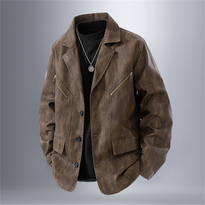 得物二开PU皮夹克男翻领机车服皮衣工装复古皮外套男JK1202-P105
