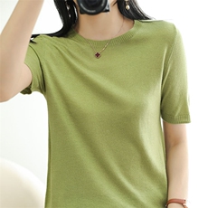 春夏季新款精纺微透纯羊毛衫女圆领短袖针织半袖毛衣羊绒衫超薄款，女装T恤，总能电商供货