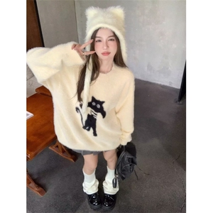 可爱猫咪提花毛绒长袖毛衣男女秋冬季软糯水貂绒学生上衣 M03图片
