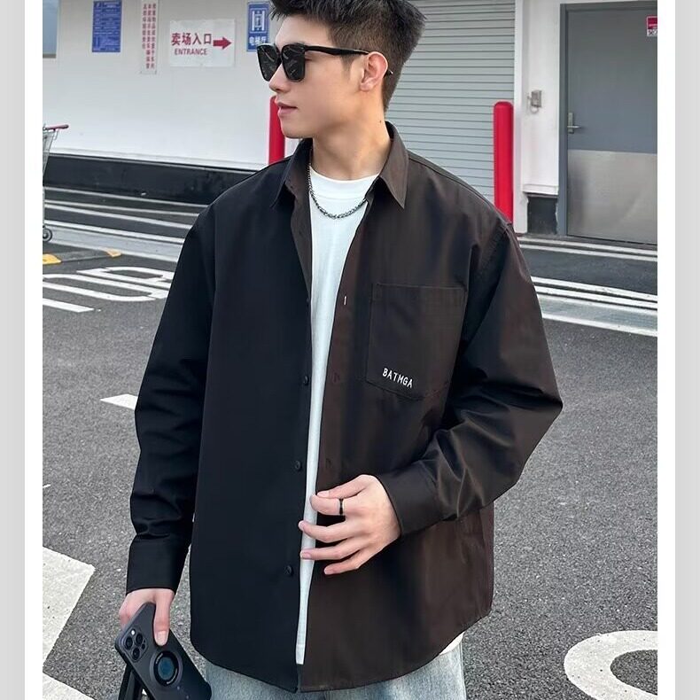 字母印花美式衬衫外套男春秋季韩版痞帅高级感日系休闲长袖衬衣潮，男装衬衫，星座506A