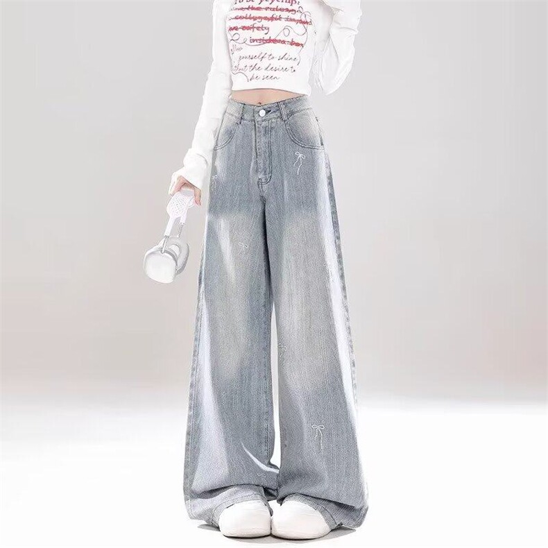 蝴蝶结刺绣直筒牛仔裤女2025新款小众宽松显瘦阔腿裤潮-网图,男装牛仔裤,星座302B-2