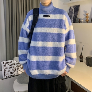 WASSUP HAPPY水貂毛高领毛衣男款冬季加厚条纹针织衫宽松保暖外套图片