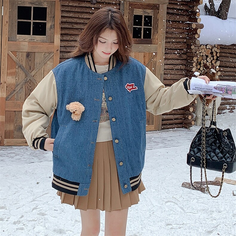 雪景牛仔加棉棒球服外套（玩偶可拆卸）显瘦百搭时尚,女装棉衣/棉服,天使之佳话