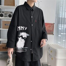 2021夏季新港风短句日系大码男猫咪印花宽松七分袖衬衫C3005-P45，男装衬衫，电商A001