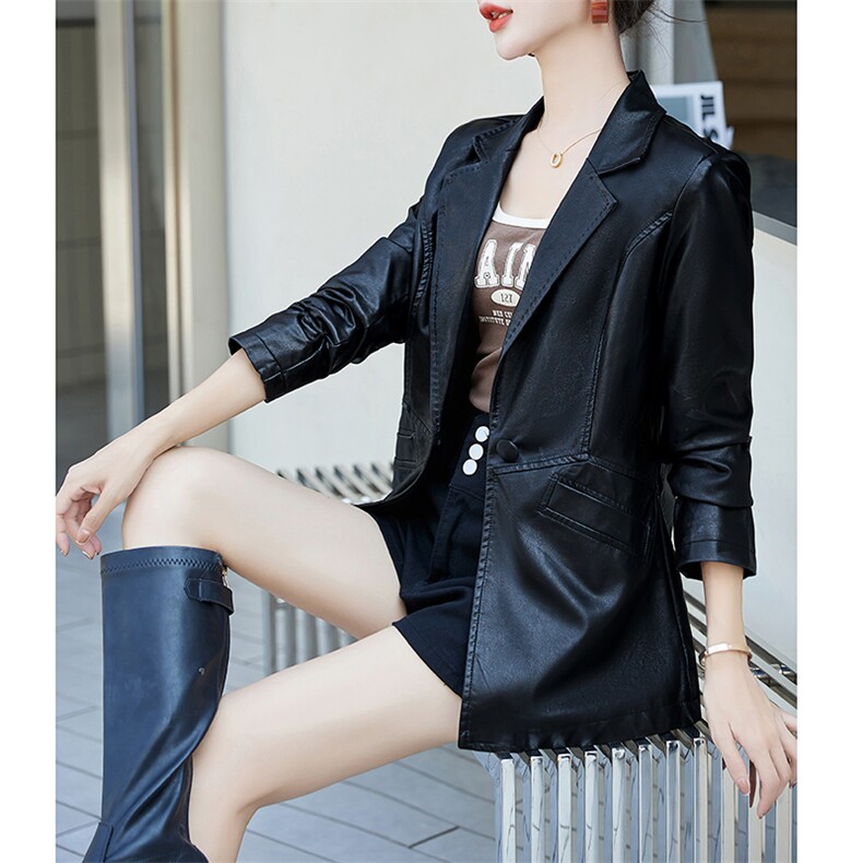 皮衣女2023年新款春秋款修身休闲西装外套收腰pu中长款西服皮夹克,女装皮衣,江南女神