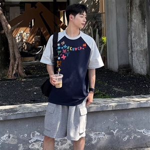 抖音得物高品质二开240克宽松纯棉美式潮牌插肩袖拼接短袖T恤图片