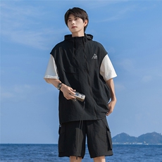 港风24夏款时尚无袖连帽拉链套装TZ614801P70控98，男装休闲套装，电商A268A