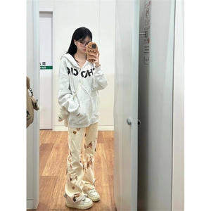 【有货】火焰蕾丝微喇白色牛仔裤男女款美式复古裤子B07WW-特P50图片
