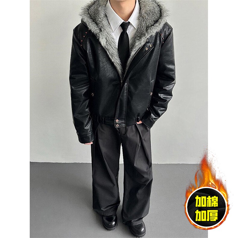 现货冬季美式潮牌痞帅PU皮机车服棉衣毛毛绒狼王座山雕皮棉服,男装棉衣,电商A486-1