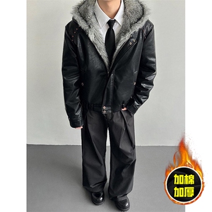 现货冬季美式潮牌痞帅PU皮机车服棉衣毛毛绒狼王座山雕皮棉服图片