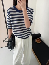 高档夏季新款t恤女短袖圆领宽松休闲正肩穿搭简约洋气小众ins，女装T恤，唐诺