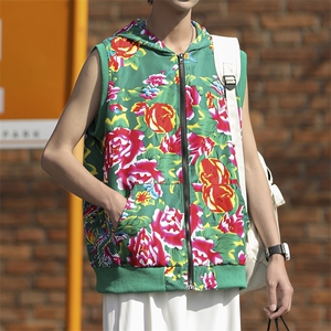 B02东北大花连帽拉链大码新中式汉服民族特色马甲背心坎肩潮男女图片