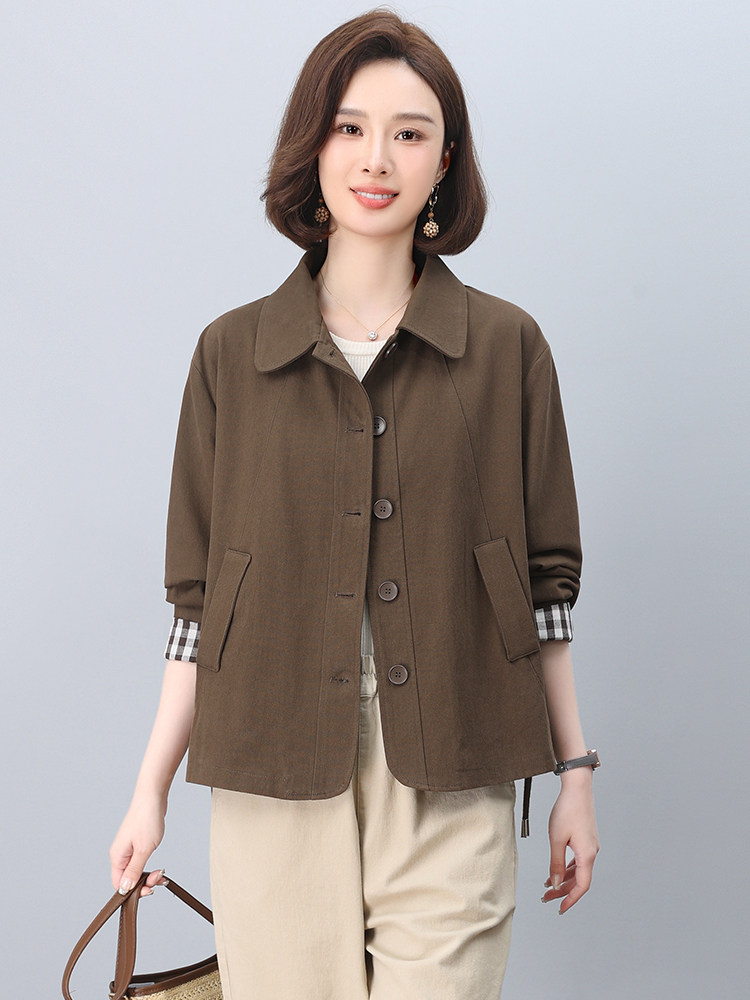 中年妈妈纯棉风衣外套女短款2025春秋新款小个子宽松大码夹克上衣,女装短外套,忆绮罗