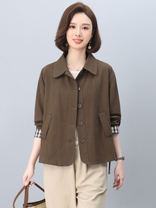 中年妈妈纯棉风衣外套女短款2025春秋新款小个子宽松大码夹克上衣图片