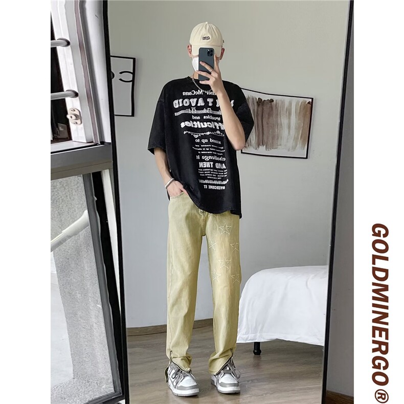 牛仔裤男2024春季潮牌高街vibe做旧水洗直筒裤宽松直筒微喇裤,男装牛仔裤,星座410-7