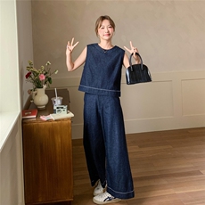 深蓝色时尚休闲牛仔马甲套装女2025夏复古设计感减龄阔腿裤两件套，女装套装/套裙，2C159