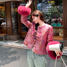 新中式提花圆领短款羽绒外套女配袖口狐狸毛条，女装羽绒服，浙宝189