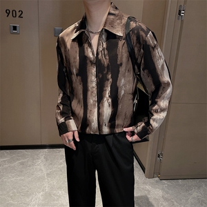 春夏薄款高级感扎染印花拉链长袖衬衫男痞帅休闲衬衣CS787P58控78图片