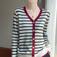 秋季新款条纹v领开衫时尚百搭，女装羊毛衫，凯思米羊绒