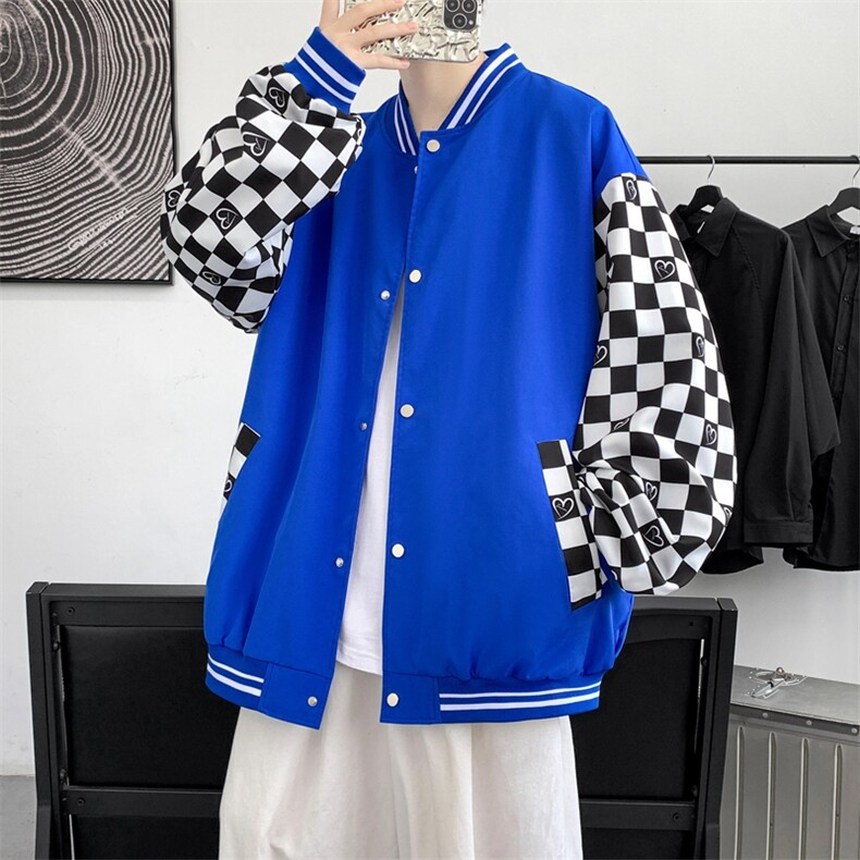 秋季美式潮流格子拼接棒球服外套男宽松夹克情侣上衣JK02226-P65,男装夹克,星座308B-1