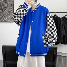 秋季美式潮流格子拼接棒球服外套男宽松夹克情侣上衣JK02226-P65，男装夹克，星座308B-1