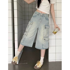 多口袋工装七分牛仔裤男女韩版潮流2025夏季ins短裤子RK2602-P59，男装牛仔裤，星座412-1