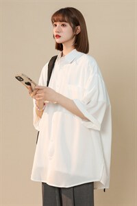 C6042/P35夏款2022中性风冰丝克莱因蓝衬衣男女开衩短袖衬衫控58图片