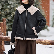 红加厚保暖皮毛一体外套女2024冬季新款时尚减龄羊羔毛棉服，女装羊羔毛/颗粒绒，江南女神