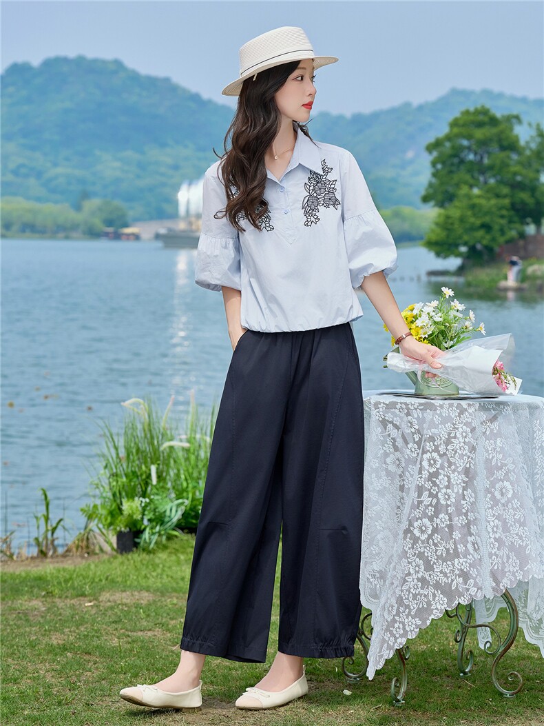2026年夏季刺绣小衫两件套衬衫裤子套装女,女装套装/套裙,依路服饰