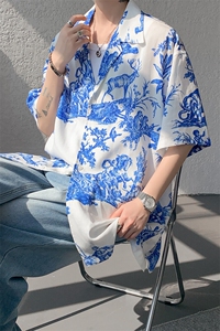 8XL-M 天丝亚麻清爽晕染古巴领短袖衬衫男半截袖冰丝衬衣CS525P58图片