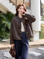 韩风糖果按扣皮衣外套女2026新款春气质小立领PU夹克上衣女外套，女装皮衣，流量+