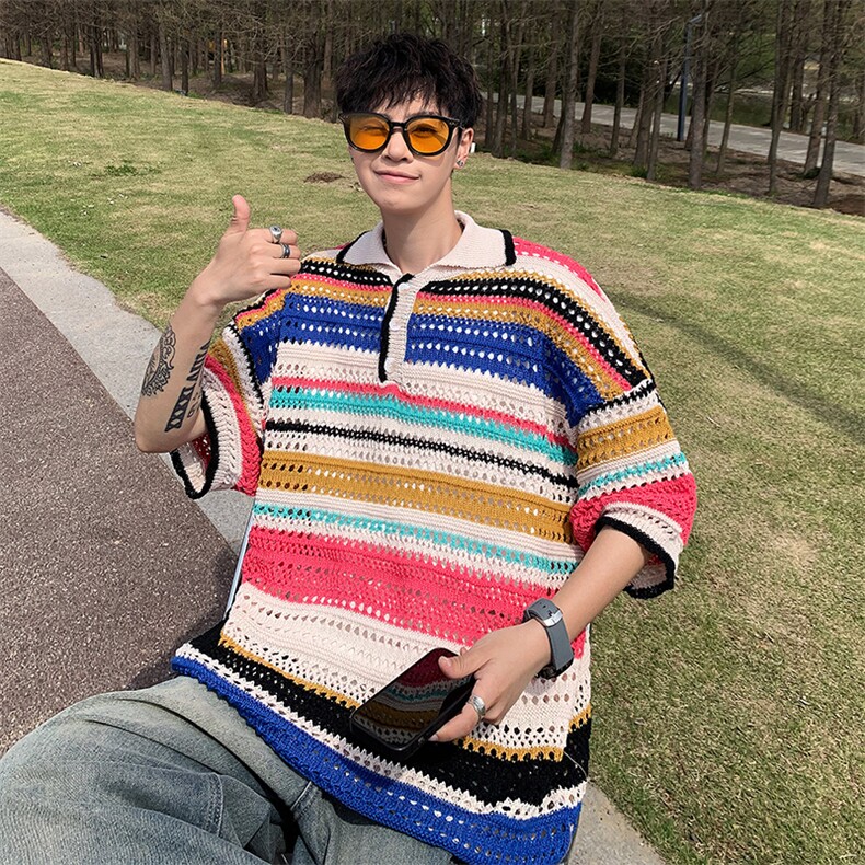 针织POLO衫男韩版潮流痞子帅气条纹拼色2023夏季insT恤WB046-P46，男装Polo衫，星座412-2