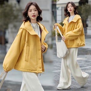 藏青色连帽宽松休闲夹棉外套女2025冬季极简廓形慵懒感小个子棉服图片