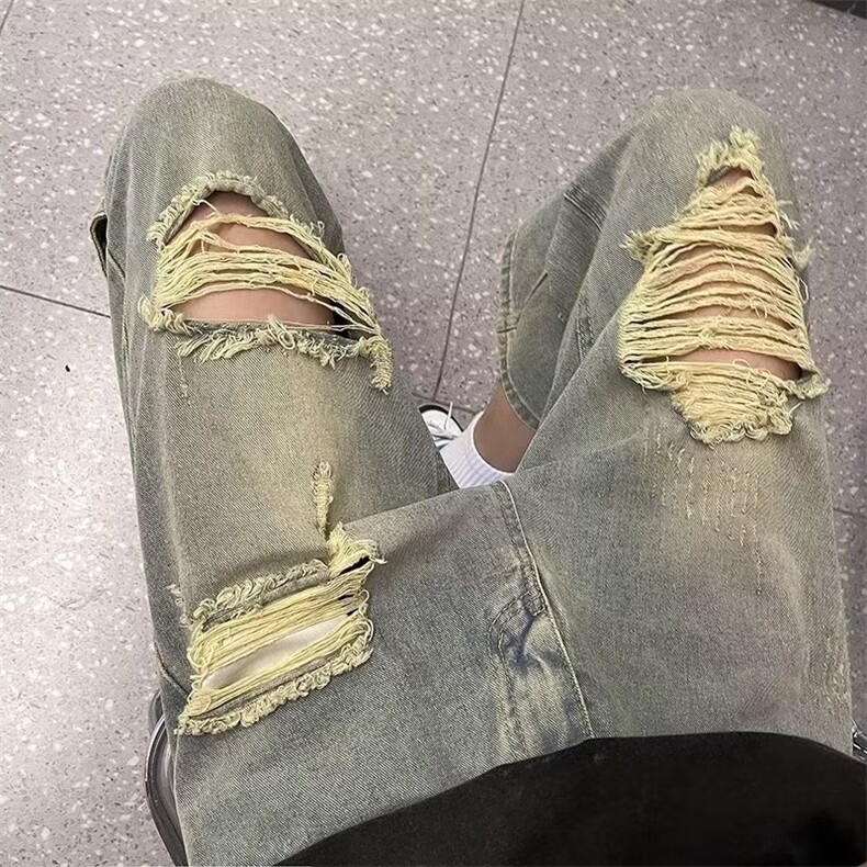 破洞牛仔裤男夏季美式高街vibe裤子潮牌嘻哈七分裤青少年休闲短裤,男装牛仔裤,星座410-6（原星座1304-1）
