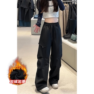 男式加绒裤子秋冬季褶皱三防工装登山裤青少年潮牌美式软壳冲锋裤