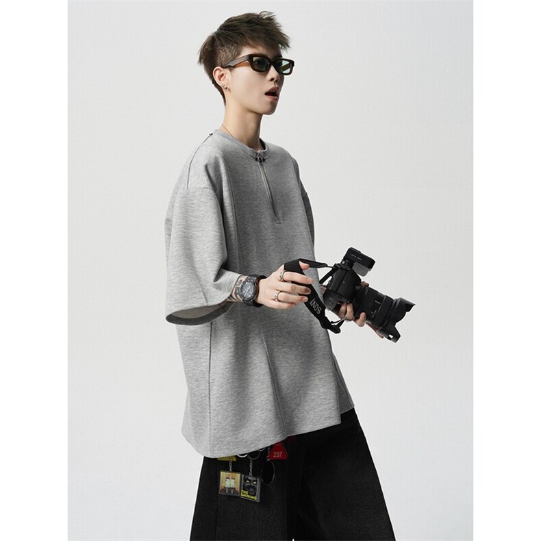 高级感重磅亨利领半拉链短袖t恤大码M-8XL设计感半袖DX1222特P35,男装T恤,电商B238