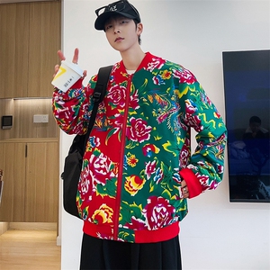 J01男女棒球领夹克外套东北大花汉服开衫左右拼接撞色潮男女图片