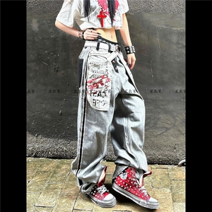 NK1007-P58 美式复古反穿大口袋牛仔裤女设计感街头直筒宽松图片