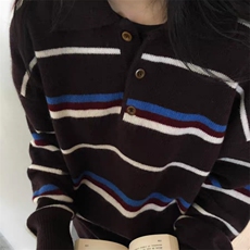 秋冬穿搭复古条纹设计感撞色翻领羊毛针织衫毛衣外套宽松显瘦上衣，女装针织衫/毛衣，旭驰羊绒