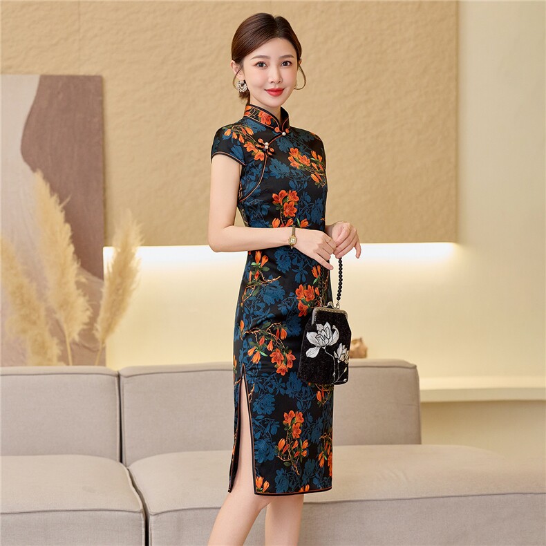 杭州品质真丝中长裙复古印花连衣裙女春夏日常修身潮流真丝旗袍,女装汉服/婚纱/旗袍/礼服,小荷流