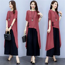 2021夏季新款简约优雅时尚气质圆领显瘦休闲舒适两件套，女装套装/套裙，香香