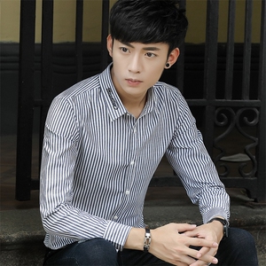 714-3-C09-男秋装潮流男青年修身衬衣顺条衬衫男男款士装daN图片