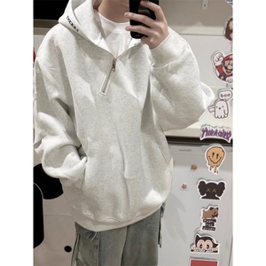 美式斜拉链连帽卫衣男女款秋季宽松情侣装字母刺绣外套WYF17 P48图片