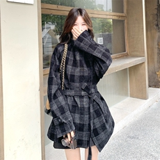 复古大码格纹毛呢外套女2025新款立领系带收腰气质保暖中长款大衣，女装短外套，2C305