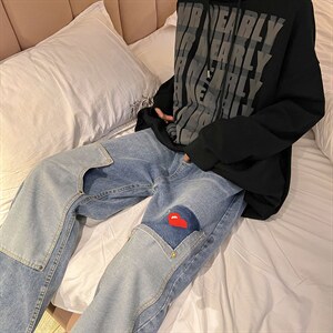 高级感直筒牛仔裤男爱心设计感阔腿裤K558P42图片