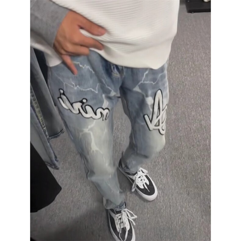 秋冬季新款牛仔裤男士修身直筒裤百搭设计感高端贴布宽松弹力长裤,男装牛仔裤,四季星座505