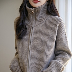 时尚百搭红色加厚羊毛衫女款高领拉链开衫宽松显瘦保暖毛衣外套，女装羊毛衫，宏杨羊绒
