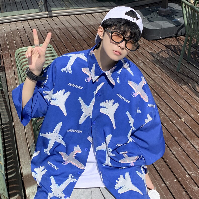 港风宽松男士满意飞机冰丝衬衫宽松短袖衬衫A071-C30-P38,男装衬衫,电商A071